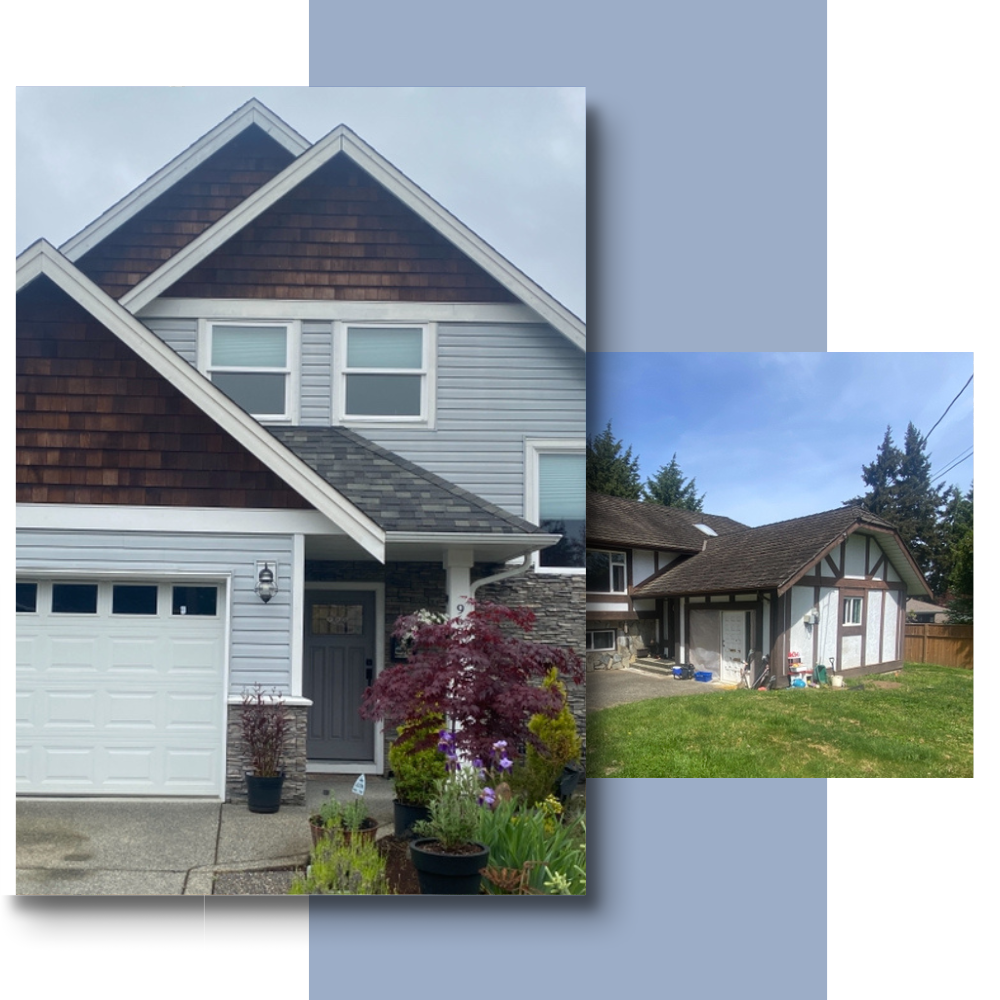 Two different images of houses with a blue rectangle in the background.