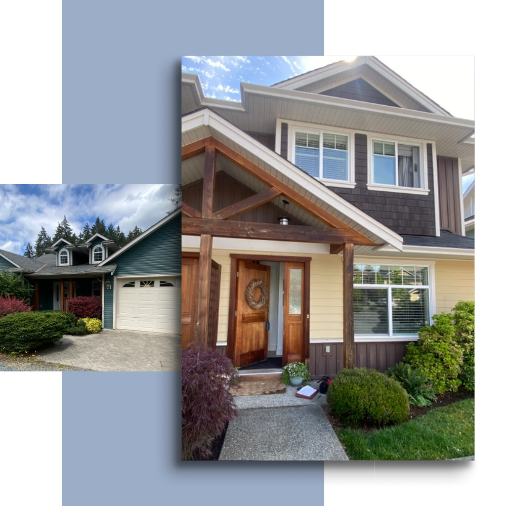 Two different images of houses with a blue rectangle in the background.
