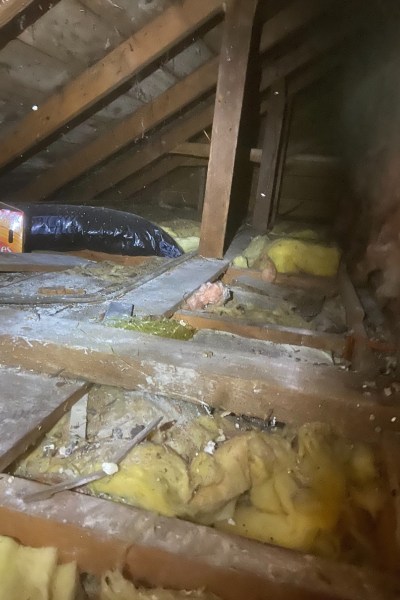 An unfinished attic space with insulation and poorly done ventilation.