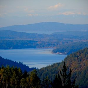 A view of Shawnigan Lake with forested mountains surrounding the lake.